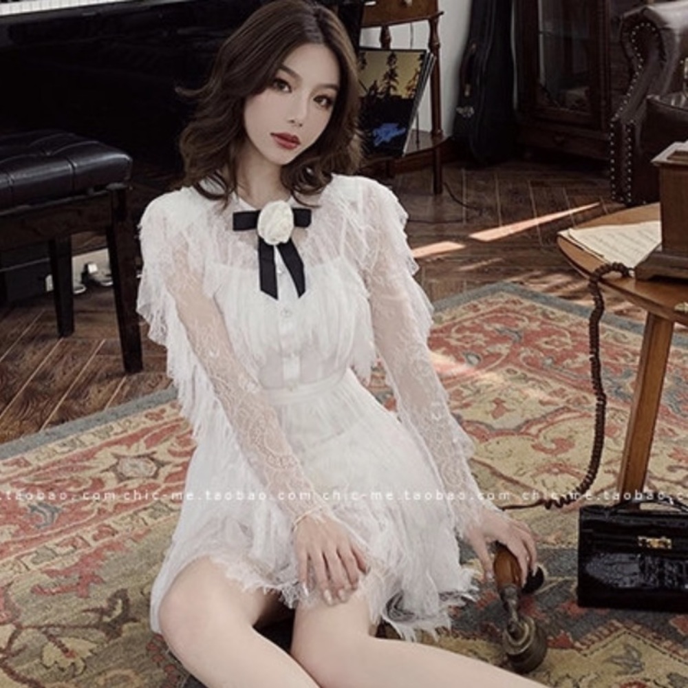 White Lace Layered Tiered Black Ribbon Bow Balletcore Babydoll Mini Dress